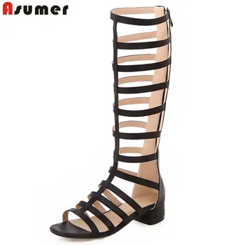 

ASUMER Plus size 33-43 New gladiator sandals women cut outs rome mid calf summer boots nubuck pu leather ladies shoes
