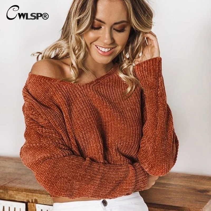 CWLSP 2018 Autumn Sweaters Women Pullover V Neck Knit Solid Loose Women