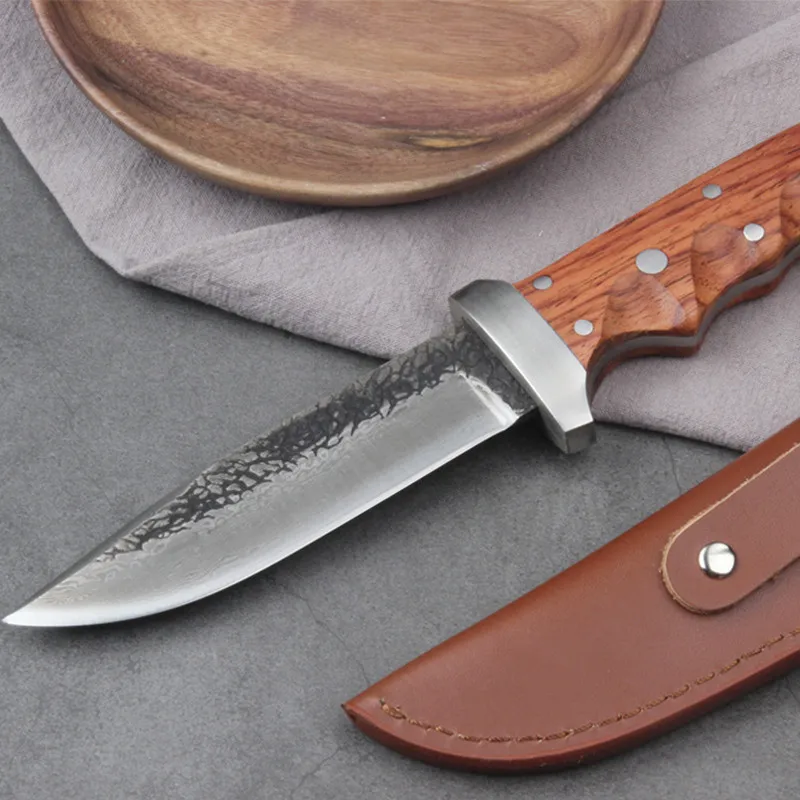 Ручной ковки охотничий нож из дамасской стали фиксированный рукоятка ножа из черного дерева Дамаск стальной прямой нож