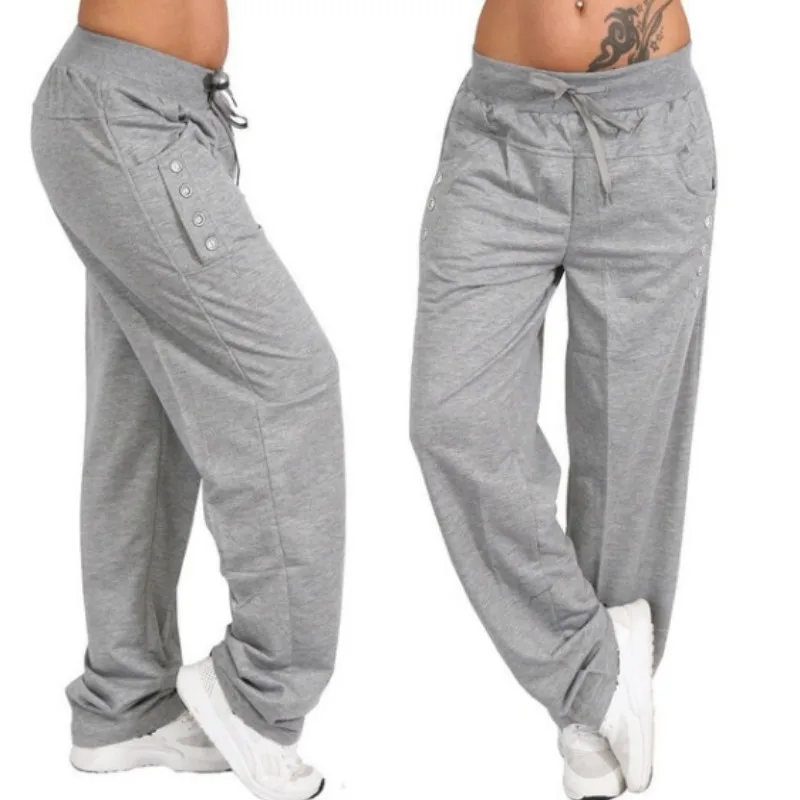 HOUZHOU S-5XL Drawstring Solid Harem Pants Women Loose Straight Ankle Length Trousers Mid Elastic Waist Plus Size Button Jogger HOUZHOU S-5XL Drawstring Solid Harem Pants Women Loose Straight Ankle Length Trousers Mid Elastic Waist Plus Size Button Jogger