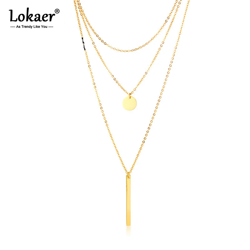 

Lokaer Fashion Rectangular Small Round Ladies Necklace Stainless Steel Geometric Three-layer Chokers Necklace For Women N19149