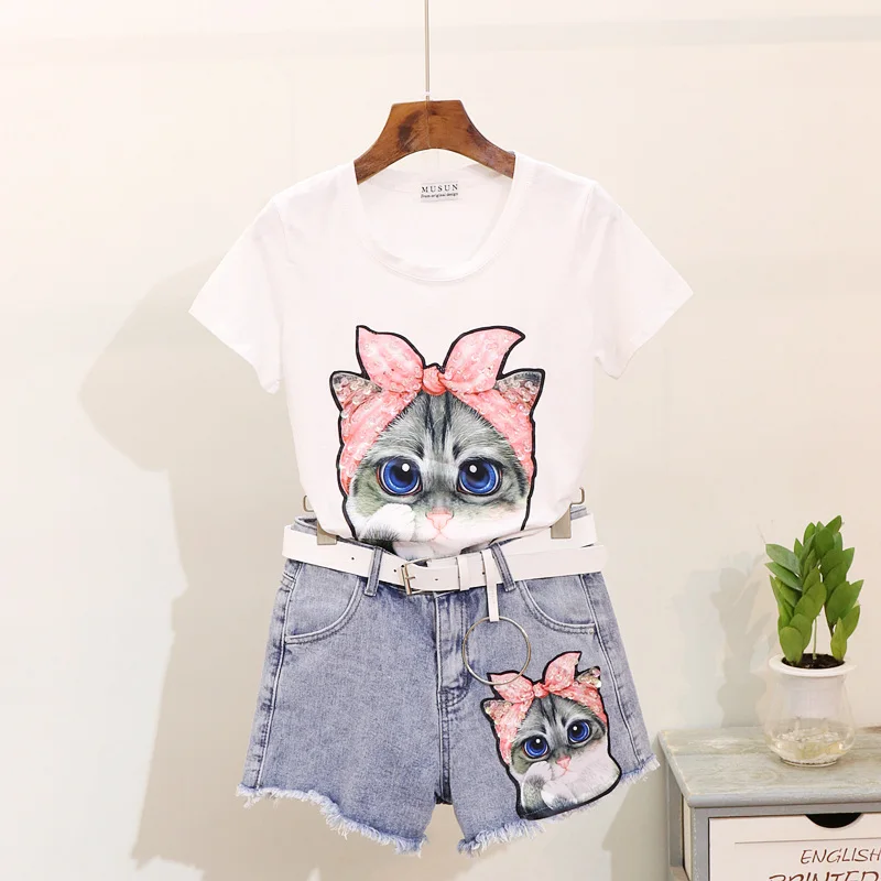 

Women Summer T shirt Tees Shorts Suits Sequins Cartoon Cat Pattern T Shirts +Short Jeans 2 Piece Sets