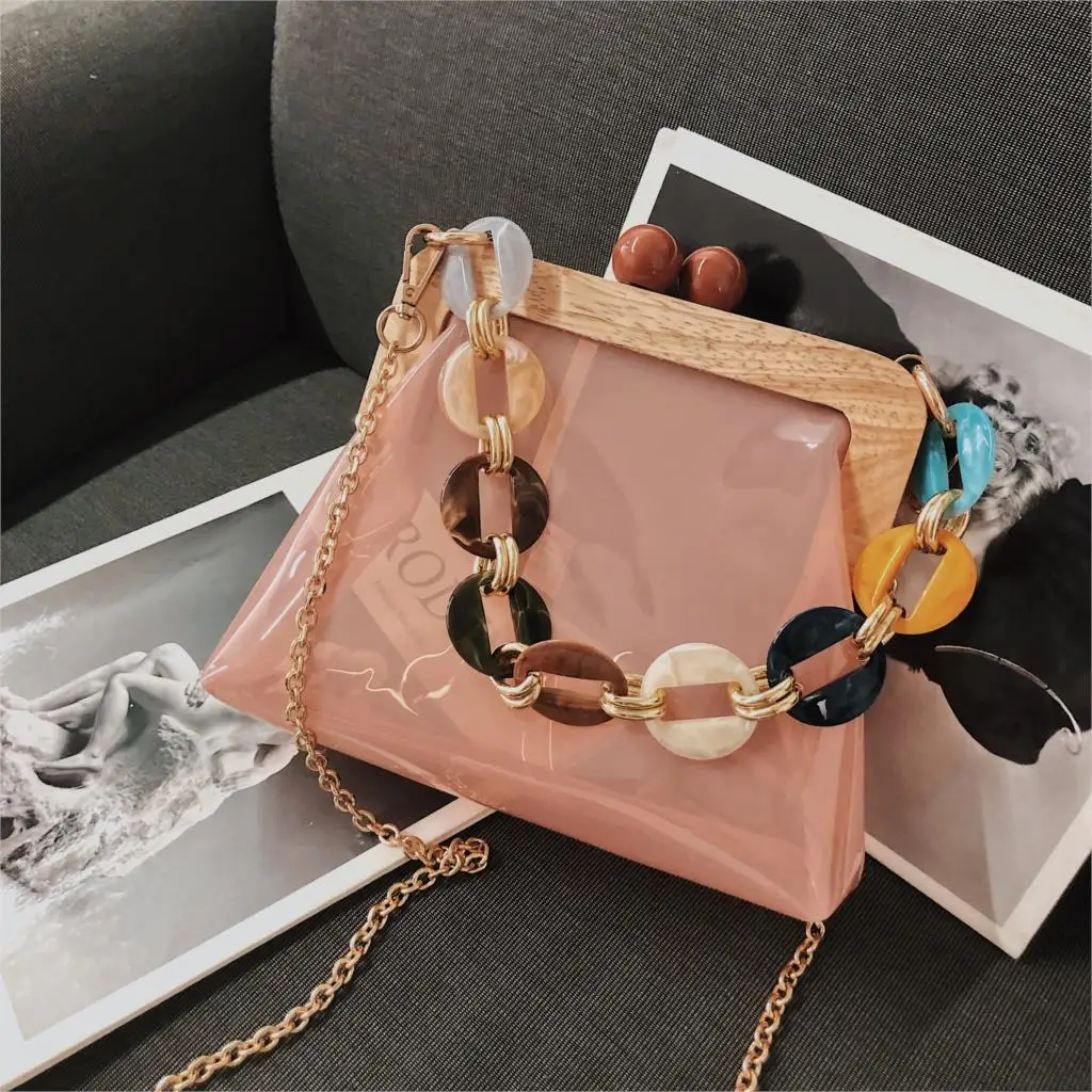 

Transparent Clutch Acrylic Chain Women Wood Clip Bag Shoulder Hard Day Clutch Bag Wedding Party Evening Purse Tote Crossbody Bag