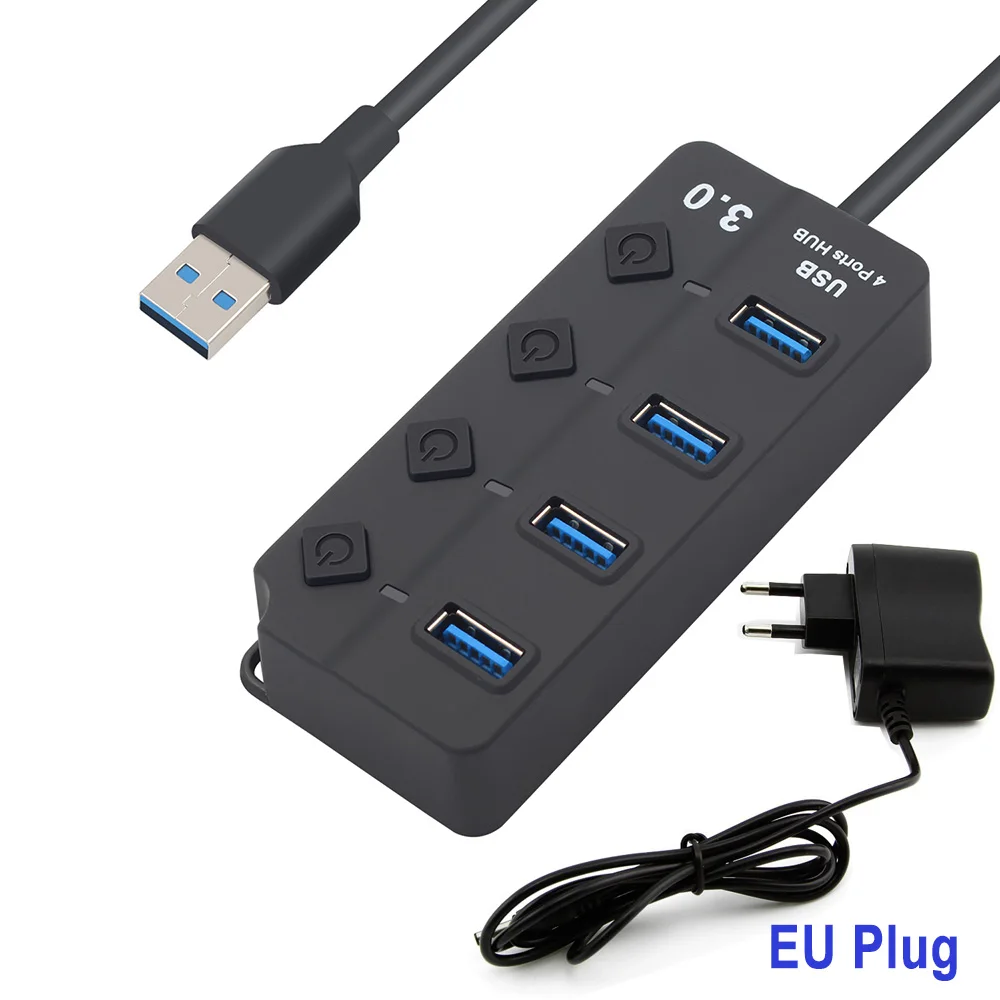 USB Hub 3,0 High Скорость 7 Порты USB 3,0 Splitter с индивидуальным на/Off переключатели для ноутбука PC, EU/US Мощность дополнительного адаптера - Цвет: 4-Port hub EU Plug