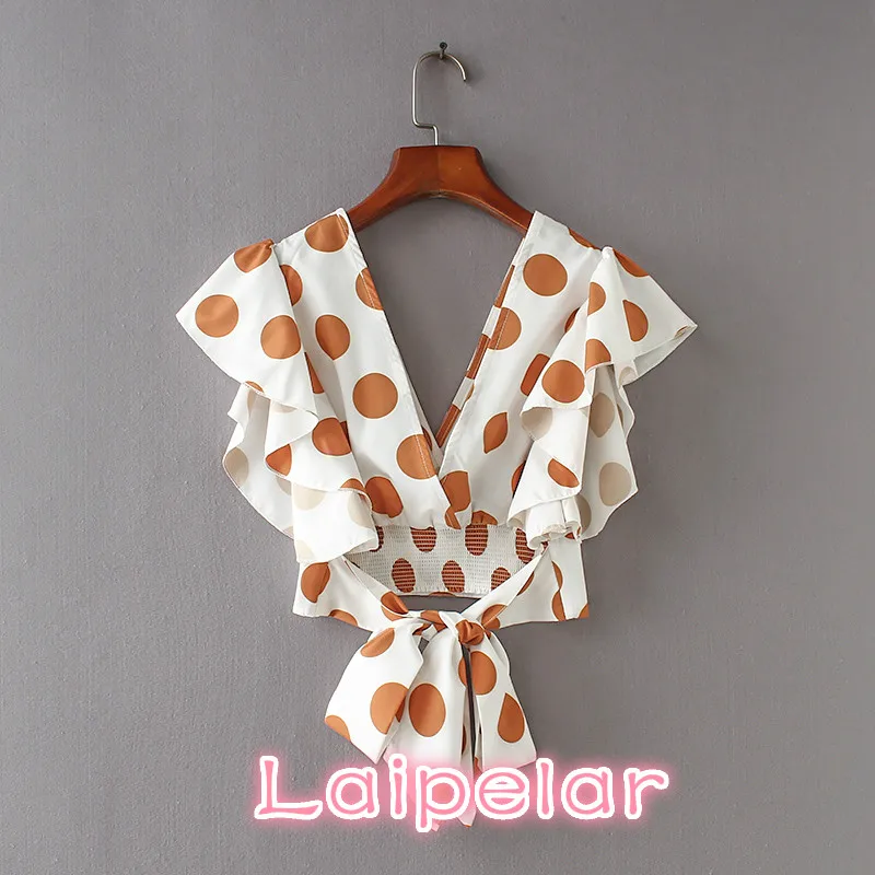 

Summer boho polka dots crop tops shirts short style big bow tie petal sleeve sexy backless v-neck womens tops and blouses