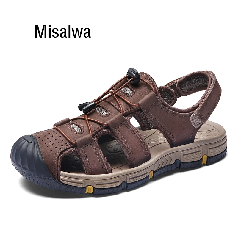 

Misalwa Luxury Brand Men Sandals Natural Cow Genuine Leather Male Beach Sandals Toe Protect Beach Sandals Summer Men Footwear