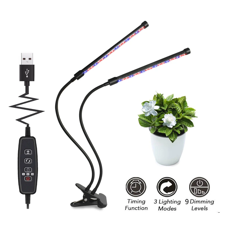 

2018 Dimmable 3 Timing Modes LED Grow Light Flexible Dual Head Full Spectrum Growing Lamp Clip for Desktop Plant Grow Lights
