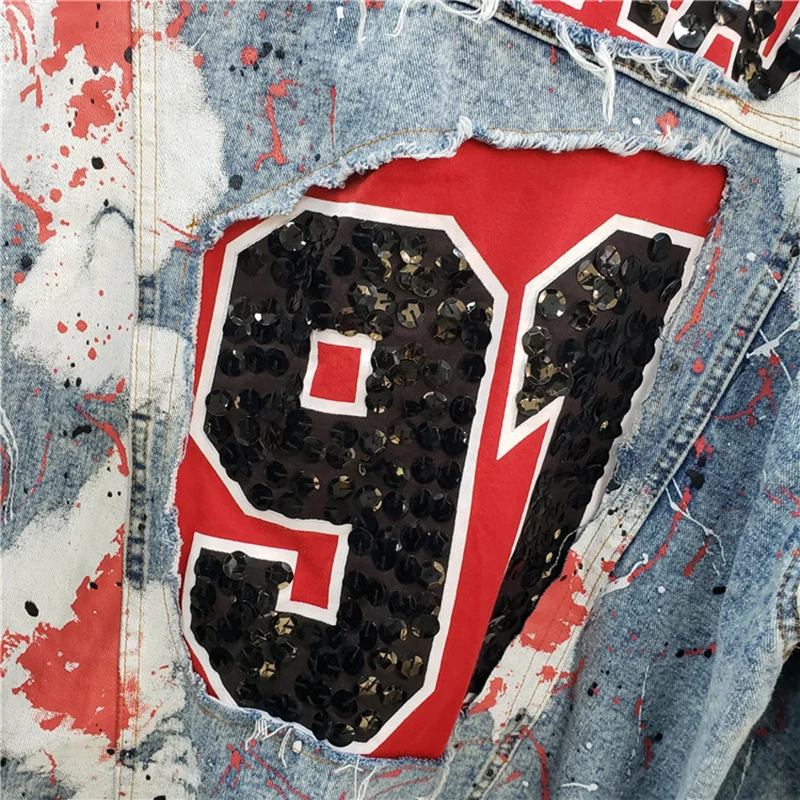 discount  Spring Graffiti printed sequins Denim Coat Long Sleeve Pearl Loose Harajuku BF Jeans Jacket Holes O