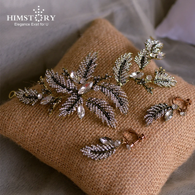 

HIMSTORY Antique Gold Handmade Rhinestone Crystal Leaf Bridal Wedding Tiara Headband Headpiece Hair accessories