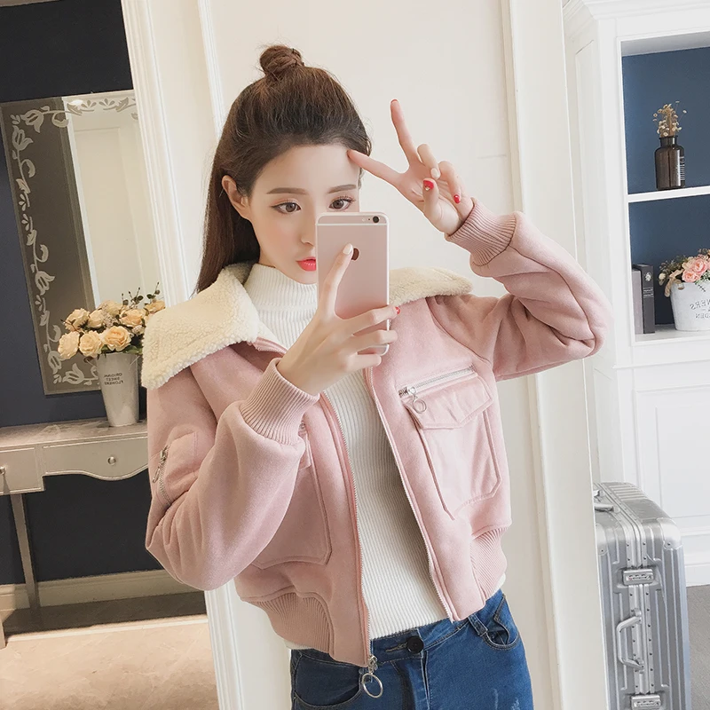 

Ailegogo Women Thickness Warm Suede Faux Lamb Leather Coat Sweet Cashmere Collar Slim Outwear Korean Style Zipper Short Coats
