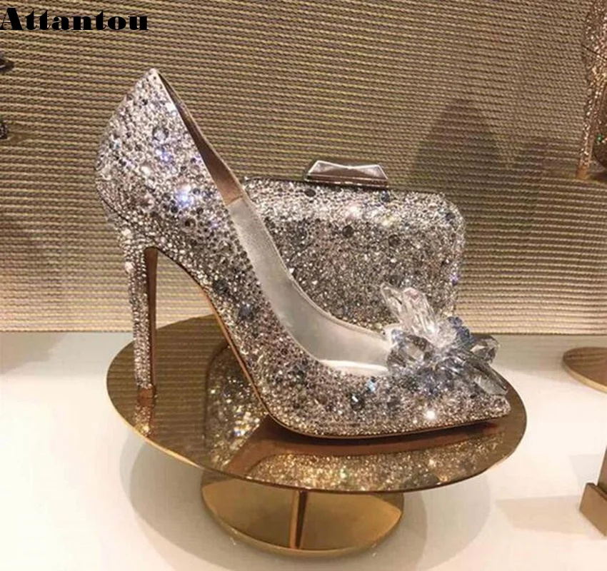Women Pumps Black Crystal Cinderella High Heels Design Sexy Gladiator Thin Heels Women Rhinestone Slip On Party Shoes