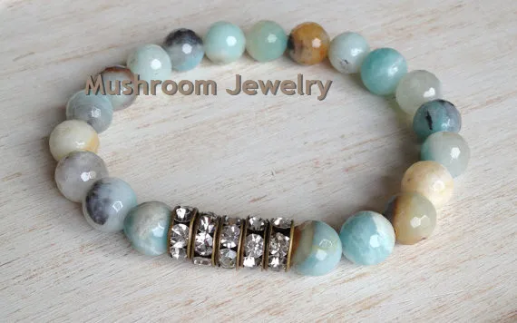 ST00688 8MAmazonite Stretch Bracelet, Rhinestone Focal Beads, Trendy Chic Stretch Stacking Layering Bracelet