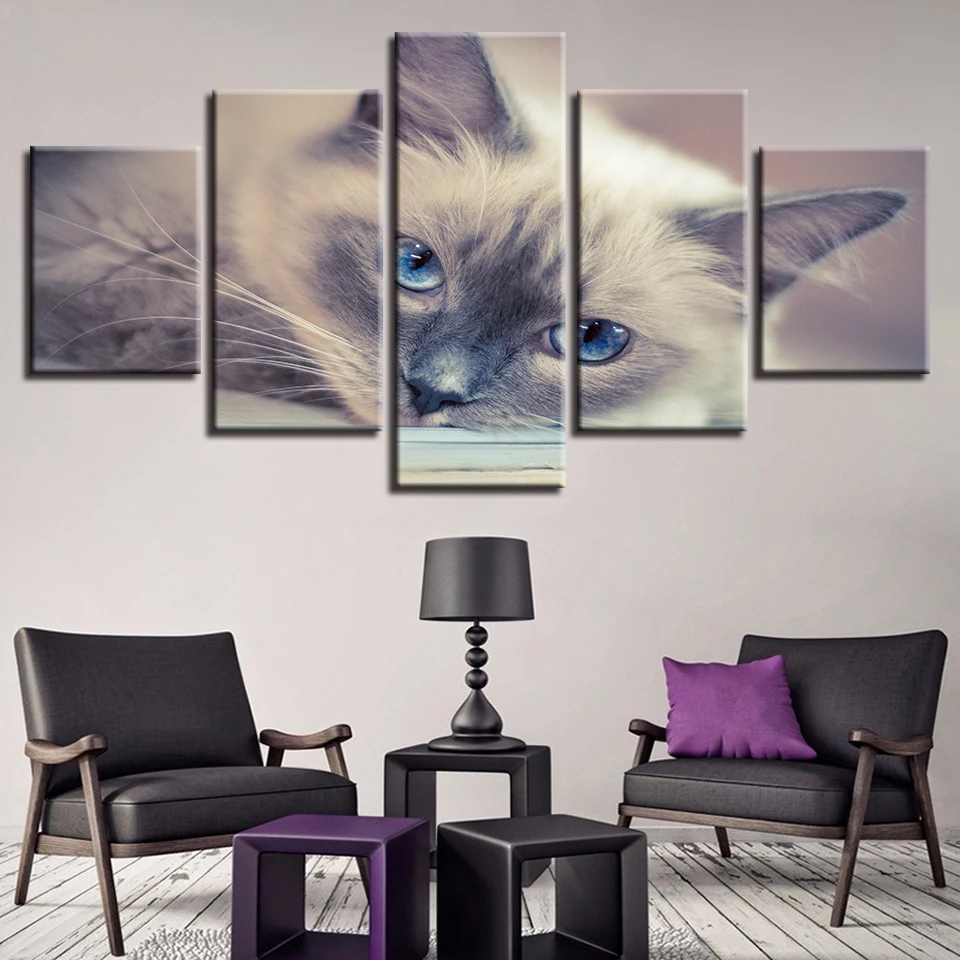 

HD Framework Prints Decor Bedroom Wall 5 Pieces Animals Lovely Cats Blue Eyes Poster Modular Canvas Pictures Art Modern Painting
