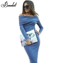 Benedict Long Sleeve Off Shoulder Slash Neck Sexy Club Women Dress Slim Bodycon Knitted Sweater Mid