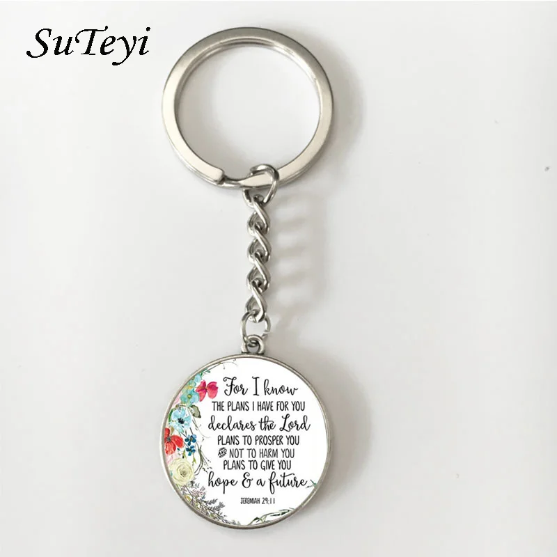 

SUTEYI I Will Fear No Evil Psalm 23 4 Key Chain Flower Calligraphy Bible Quote Glass KeyChain Women Men Christian Jewelry Gifts