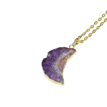 

Fashion Jewelry Natural Purple Crystal Quartz Slice moon pendant chain necklace geode druzy stone horn pendant necklace women