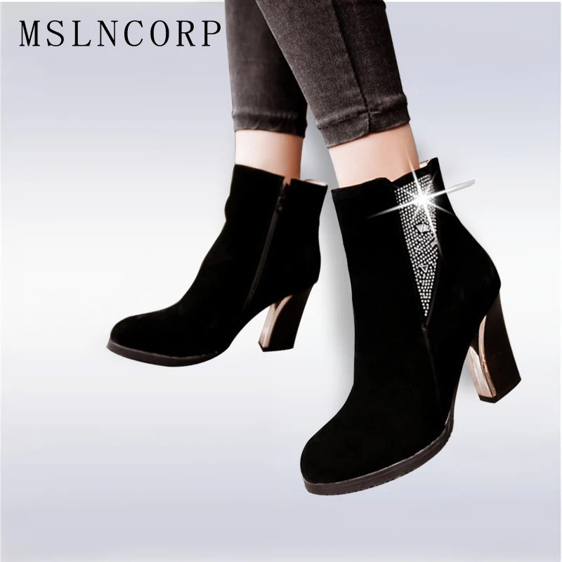 

Plus size 34-43 Women Crystal Ankle Boot Square High Heels Short Boots Autumn Winter Snow Boots Dress Pumps Party Wedding Shoes