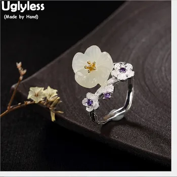 

Uglyless 100% Real Solid 925 Sterling Silver Handmade Flower Open Rings for Women Natural Jade Plum Blossom Ring Fine Jewelry