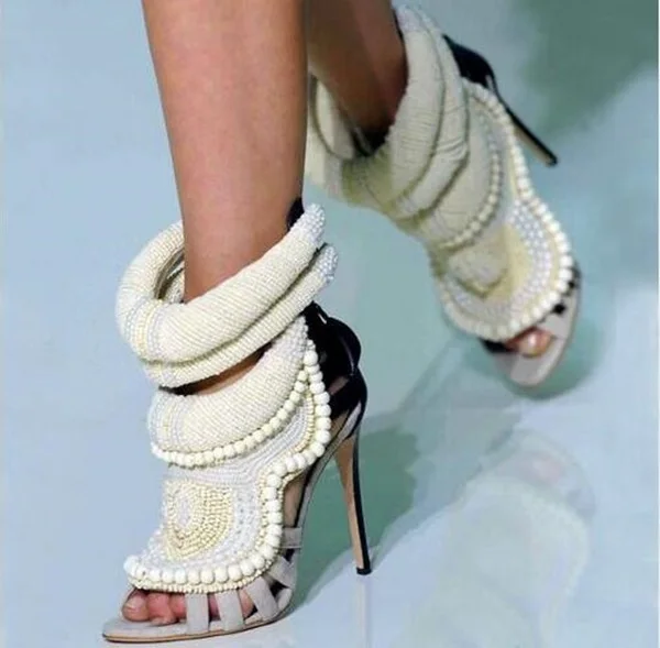 

Women Summer Shoes 2019 Handmade Pearl Beaded Female Hollow Boots Sandals High Heels High-end Wedding Dress Leather Shoes Zipper