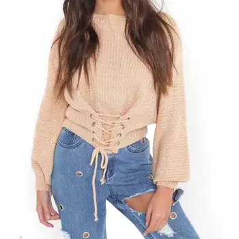 

ROPALIA Solid Jumper Adjust Waist Bandage Sweater Christmas Sweater Lace Up Sweater Women Knitted Autumn Pullovers