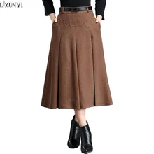 LXUNYI, шерстяная Женская юбка, зимняя, высокое качество, элегантная, длинная, плиссированная, женская, а-силуэт, высокая талия, тонкая, для девушек, размера плюс, юбки