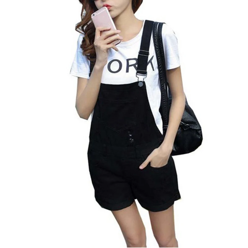College Wind Summer Denim Bodysuit Shorts Slim Thin Straps Loose Plus Size Jumpsuit Casual Vintage White Black Pink Overalls