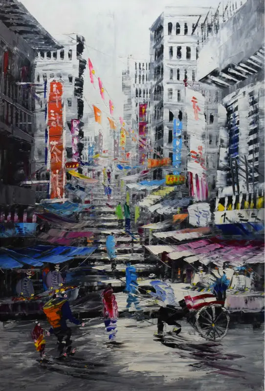 

Hand Painted Oil Painting on Canvas Cityscape Hong Kong Trams Street Knife Canvas Painting Wall Art Picture for Living Room