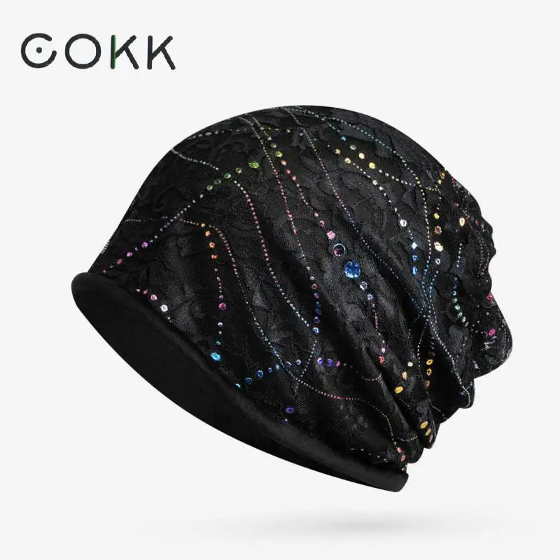 

COKK Winter Hat Women Beanies Velvet With Rhinestone Stretchy Knit Turban Hat Ladies New Warm Skullies Cap Casual Beanie