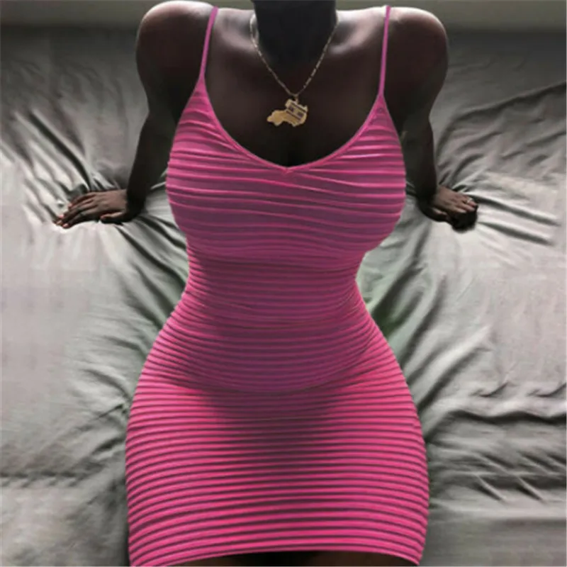 

Sexy Fluorescent Green Yellow Pink Sling Boycon Dress Women Sexy Package Hip Mini Dress For Women Striped Spaghetti Strap Dress
