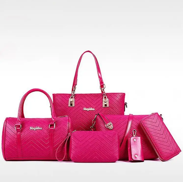 Новая брендовая Роскошная дамская сумочка 6 шт./партия композитные сумки Модный комплект Женская сумка через плечо женский кошелек клатч LL827 - Цвет: Ярко-розовый