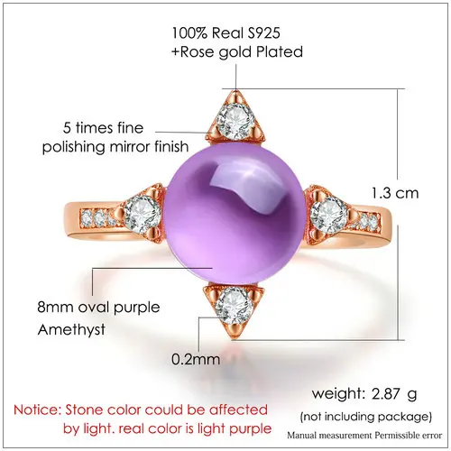 LAMOON Звезды Крест 2.1ct 8 мм 100% натуральный круглый фиолетовый аметист Регулируемый кольца 925 пробы серебряные ювелирные изделия подарок LMRI008