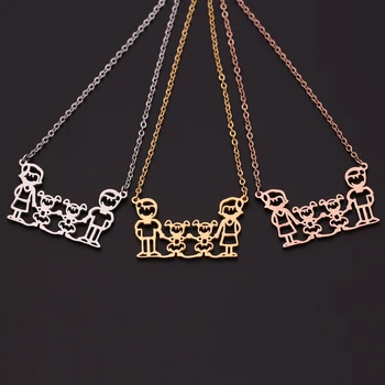 

Fashion Jewelry Stainless Steel Figure Necklace Mama Dad Two Daughter Sister Pendant Choker Necklace Women Gift 3 Color