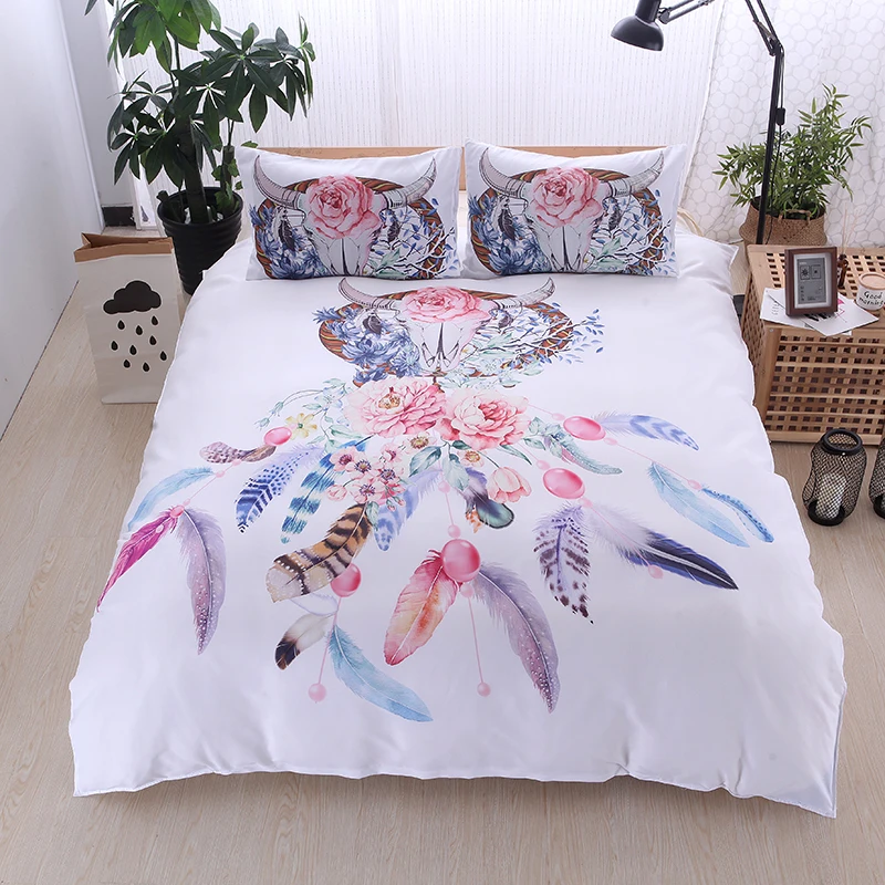 3D Dreamcatcher Feathers Print Bedding Set Bohemian Gold Moon Star Duvet Cover Set Bull Head Horn Bedclothes with Pillowcase - Цвет: Flower