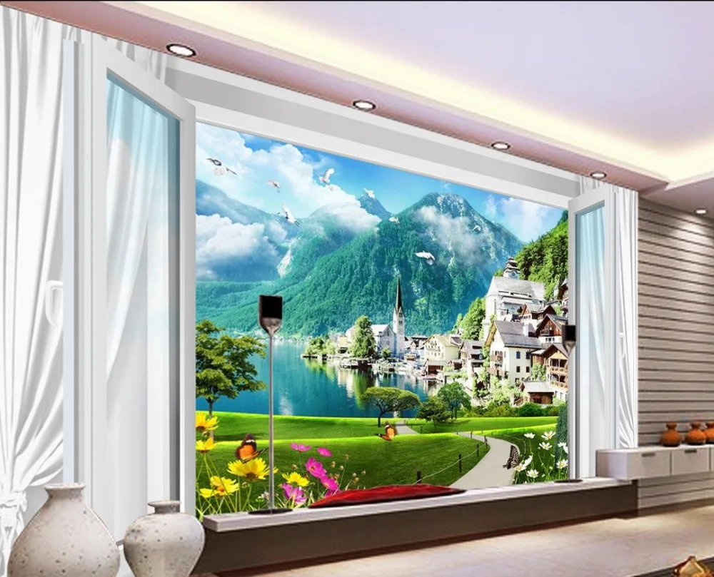 3d обои на заказ фрески окно пейзаж для комнаты Настенные обои|3d wallpaper|mural wallpaper3d room