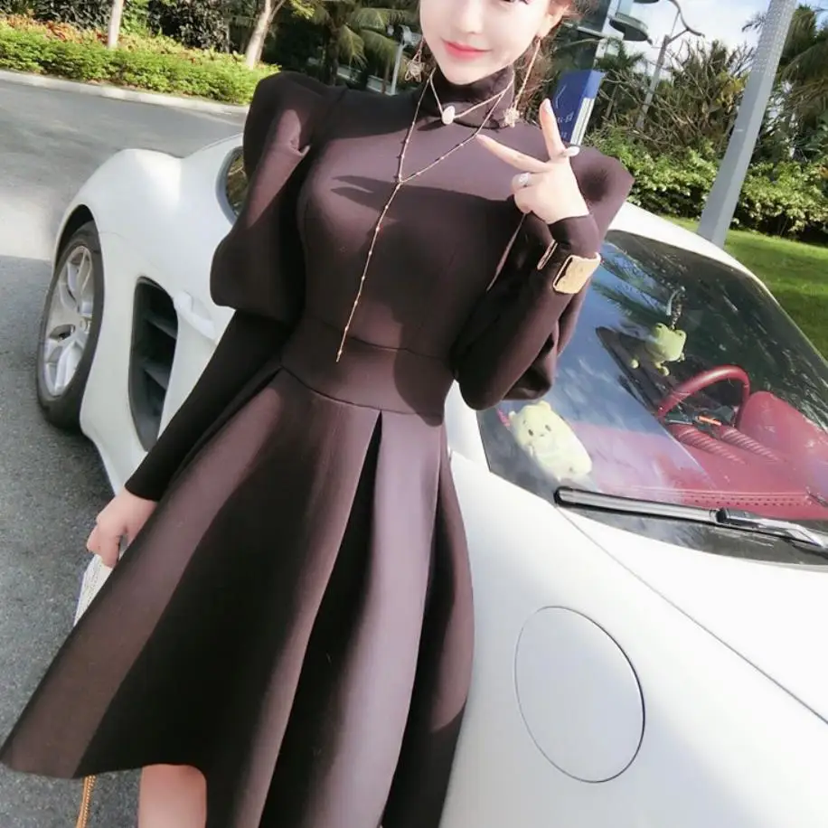 Winter vintage women Lantern Sleeve slim Waist turtleneck ball gown princess party dress