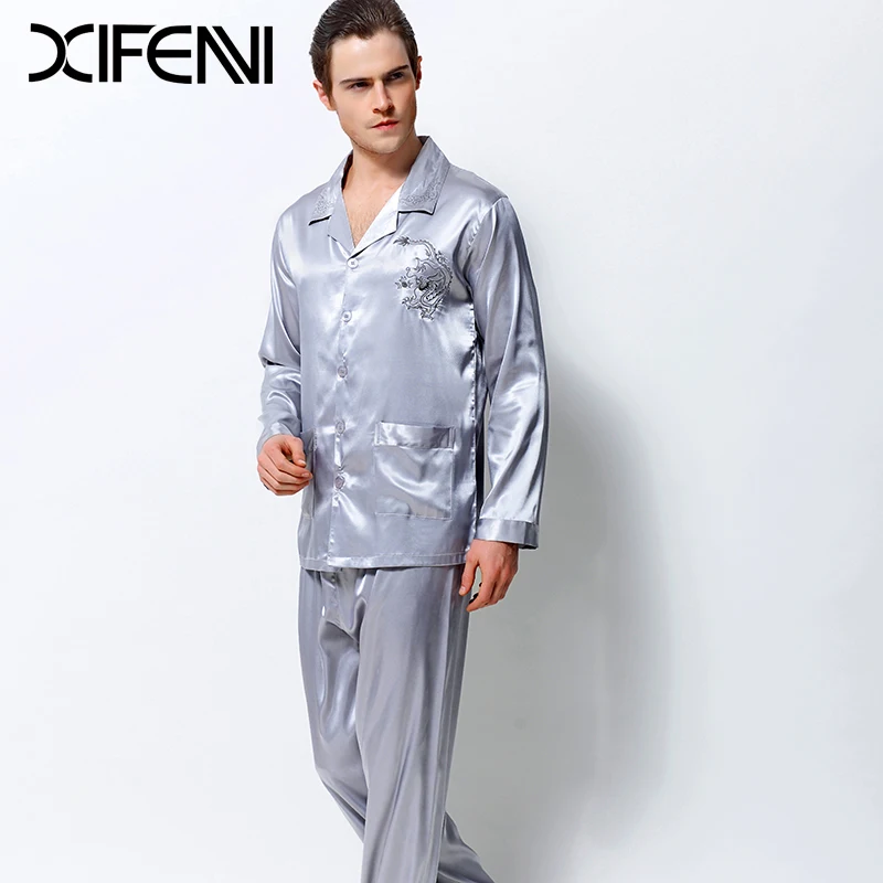 XIFENNI 2020 Men Satin Silk Pajamas Dragon Embroidery Pyjama Sets Long-Sleeved Luxurious Emulation Silk Sleepwear Pijama 3313 XIFENNI 2020 Men Satin Silk Pajamas Dragon Embroidery Pyjama Sets Long-Sleeved Luxurious Emulation Silk Sleepwear Pijama 3313