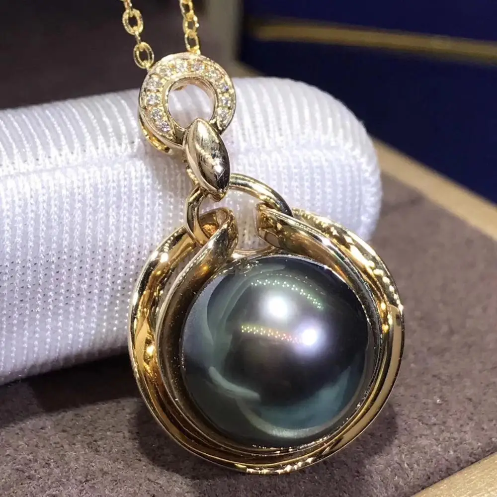 

round 11MM Genuine Tahiti South Sea black Pearl Pendant Necklace 14K solid gold