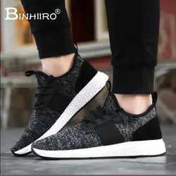 BINHIIRO/весенне-осенняя повседневная обувь для мужчин, Flyknit, дышащая, на шнуровке, из хлопковой ткани, однотонная, базовая, черная, серая