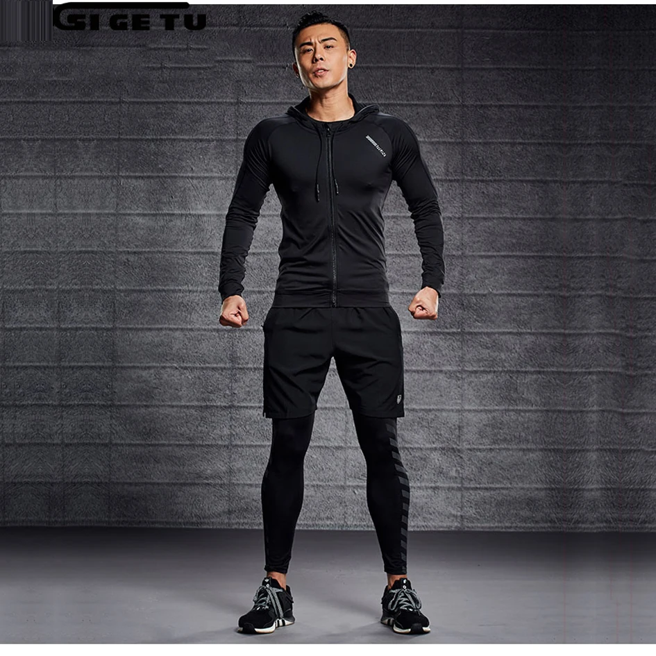 

4 Pieces Mens Sports Suits Running Clothes For Men Short Compression Tights Gym Fitness T Shirt Hooded collar jacket Sets