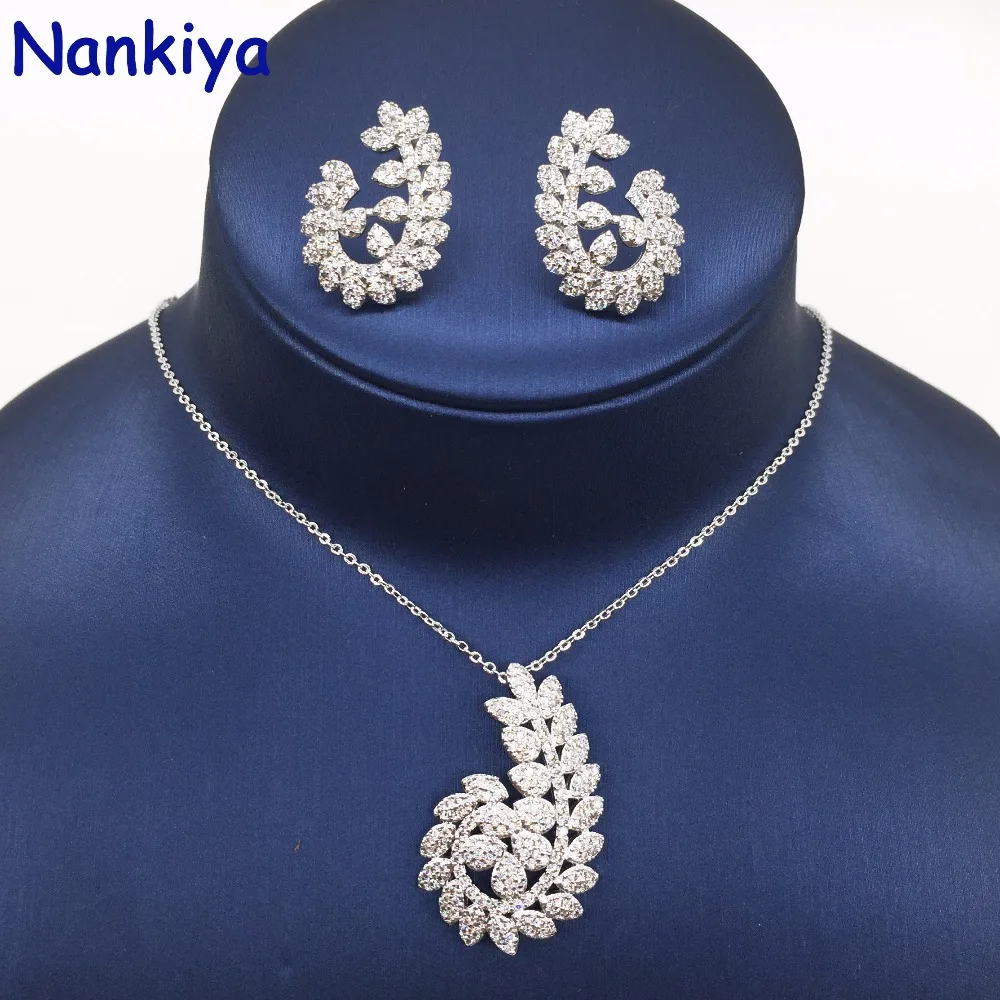 

Nankiya Luxury Top Quality Leaf Shape Wedding Jewelry Set Sparkling Cubic Zircon Necklace Set for Women Gift Free Shipping NC575