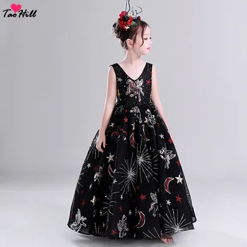 

TaoHill 2019 Sparking Black Flower Girl Dresses Ball Gown V-neck Floor Length Sequins Girls Prom Party Gown Custom