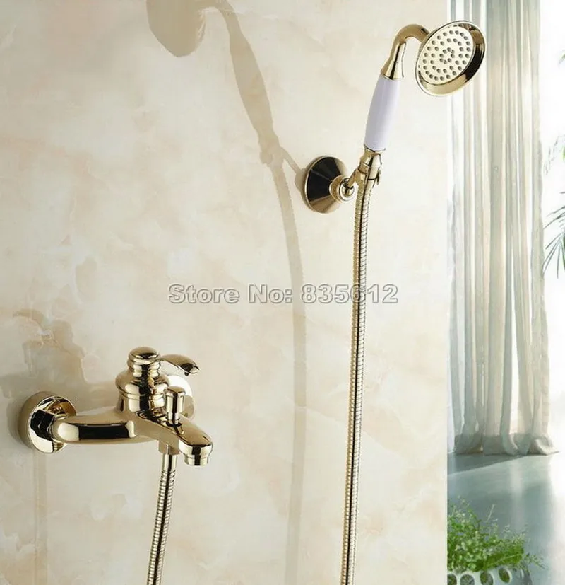 Gold Color Brass Bathroom Bathtub Shower Faucet Set Single Handle Mixer Tap with Wall Mounted Ceramic Hand Held Shower Wtf402