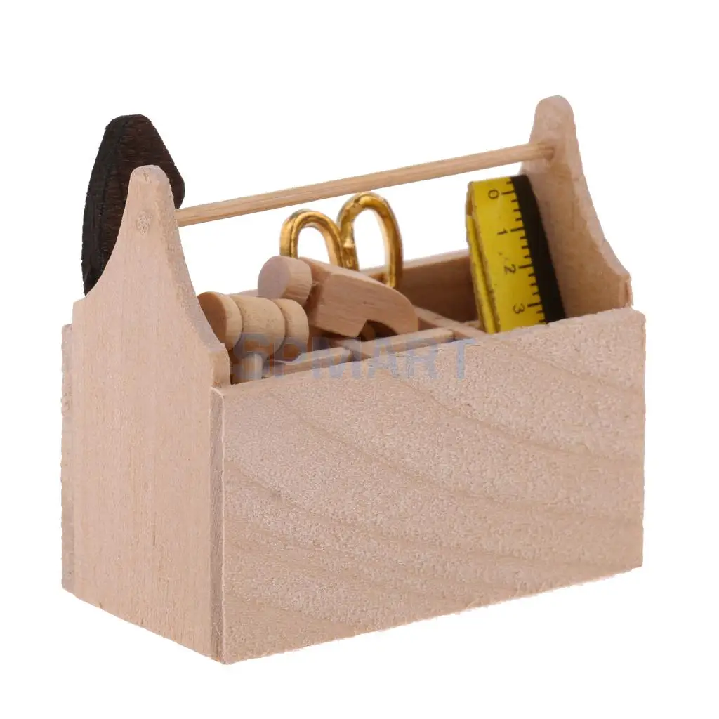 1:12 Dolls House Wooden Toolkit Toolbox Furniture Set for Dollhouse Furniture Decor Accs - Scissors Hammer Sawtooth Box
