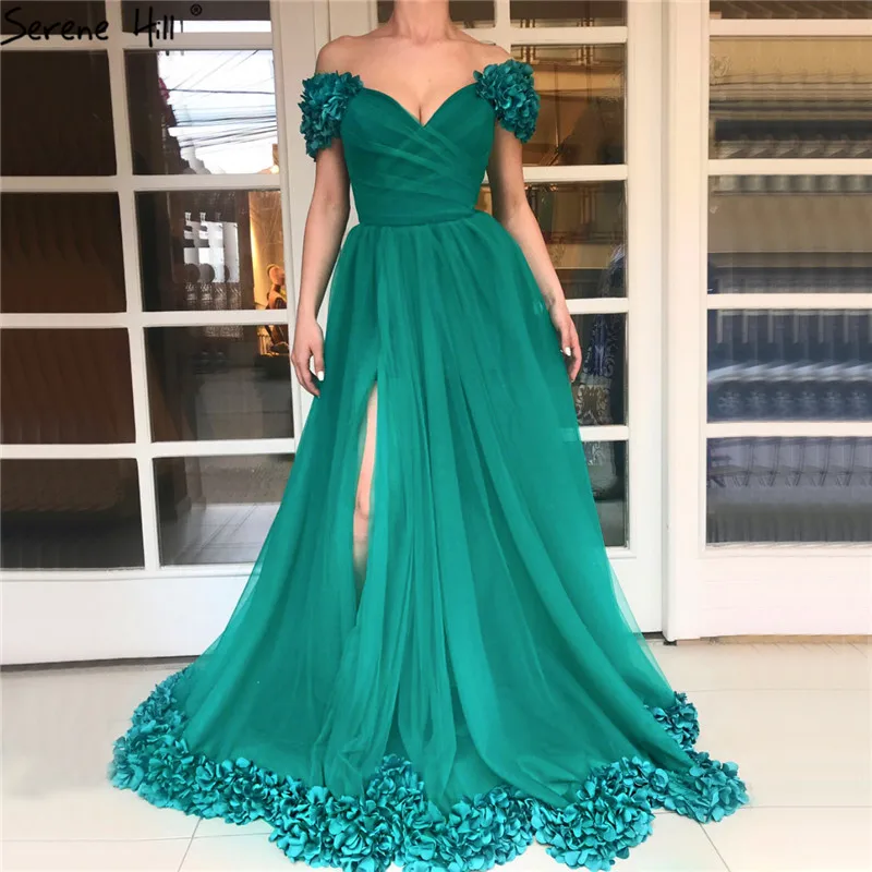 

Green Off Shoulder Sexy Simple Evening Dresses Style 2019 Short Sleeves Tulle A-Line Evening Dresses Design LA70134