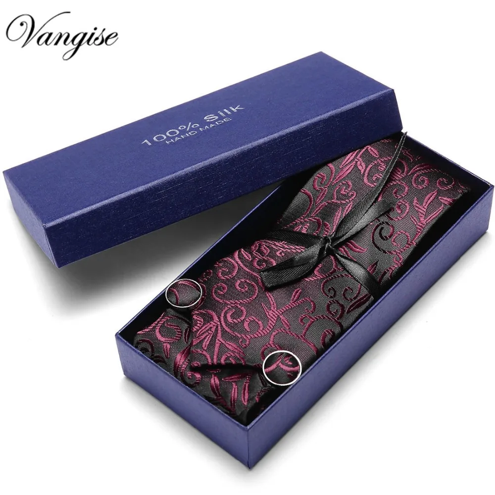 

100% Silk Tie Set for Men Printed Necktie Sets Pocket Square Red 2019 Mens Suit Tie Handkerchief Cufflink In Gift Box