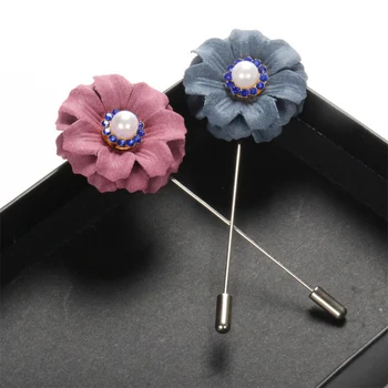 

New fashion men brooch flower lapel pin Pearl plug suit boutonniere fabric yarn pin 7 colors button Stick brooches for wedding