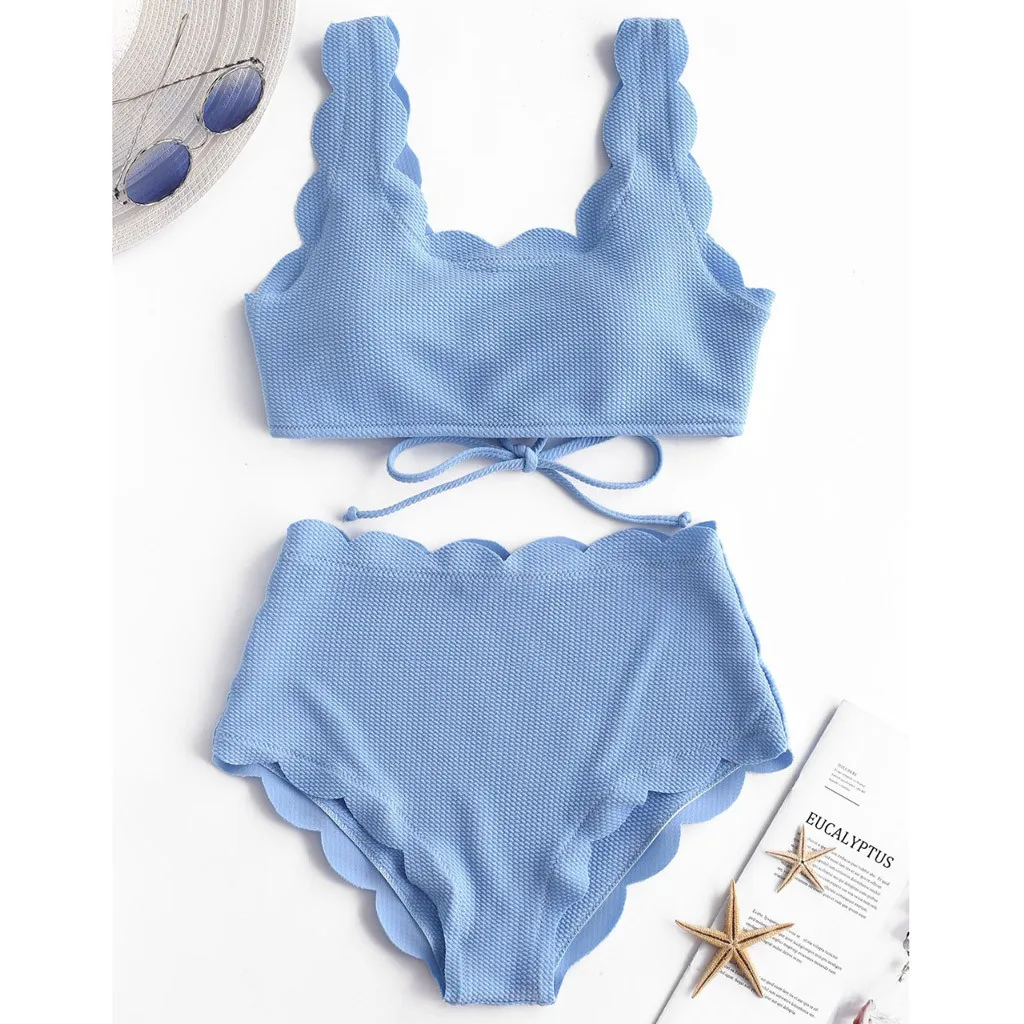 Women Scalloped Textured High Waisted Bikini Set Solid Two Pieces Beach Bathing Suits Swimwear Lace Biquinis Bathing Suits L0612