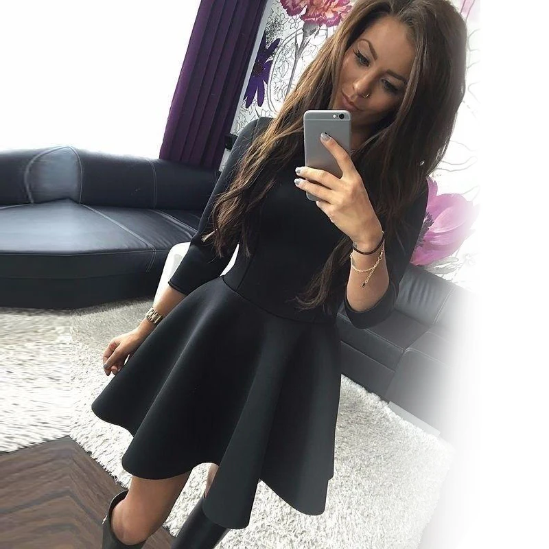 Spring Autumn New Fashion Women Half-Sleeve A-Line Dress Solid Pleated Sexy Ladies Evening Party Bodycon Mini Vestidos