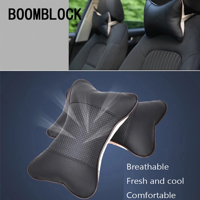 2xAuto Car Headrest Memory Cotton Black PU Leather Head Neck Rest Cushion Pillow