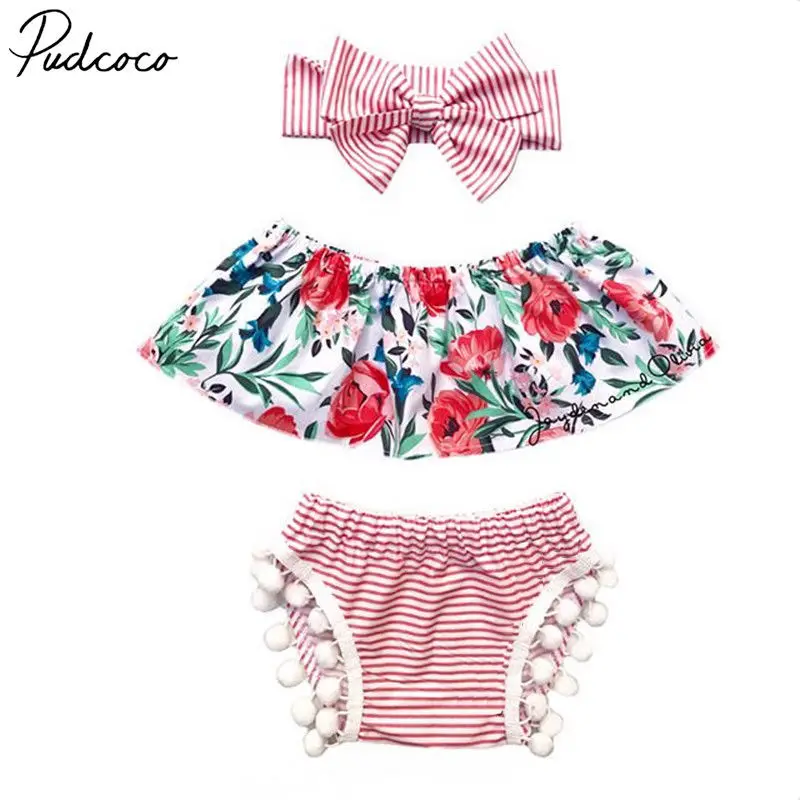 Одежда для новорожденных девочек комплект с открытыми плечами цветочный короткие топы в полоску шорты с кисточками комплект из 3 предметов